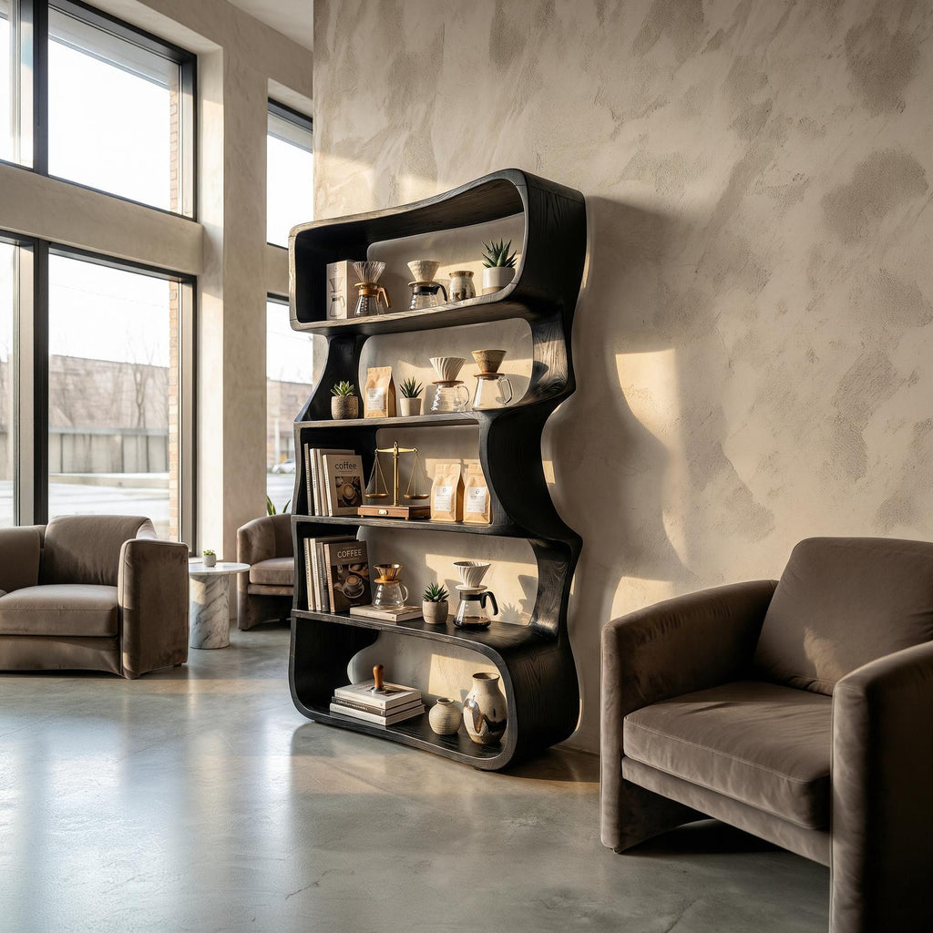 Organic Wooden Bookshelf, Handcrafted Solid Wood Display Rack & Geometric Bookcase for Living Room & Home Office