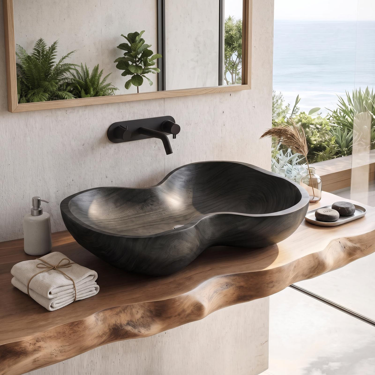 Rustic Wooden Vessel Sink, Handcrafted Natural Wood Bowl Wash Basin for Eco-Friendly Modern Bathroom Vanity