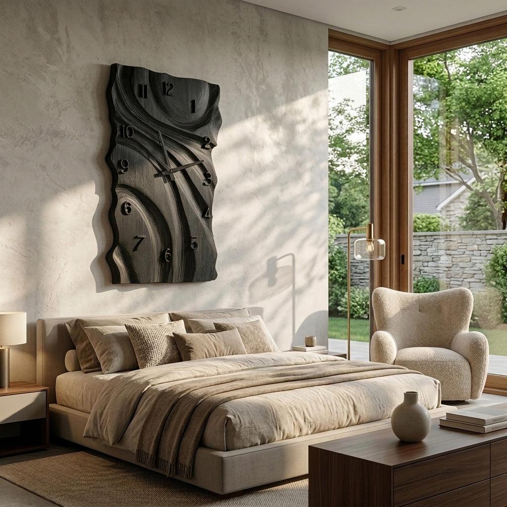 Rustic Wooden Wall Clock, Hand-Carved Abstract Geometric Design Wood Clock for Home & Living Room Decor