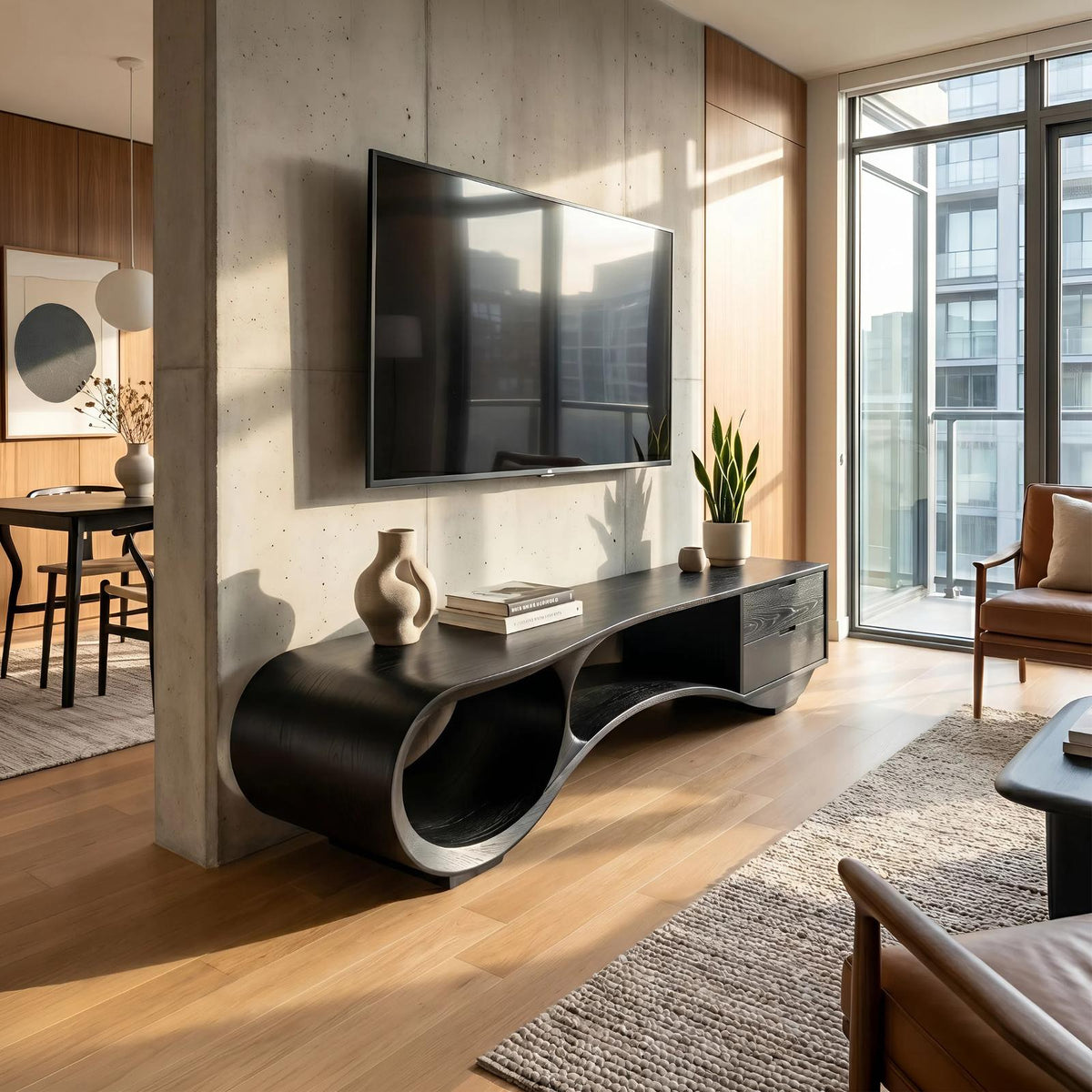 Mid-Century Streamline Wood TV Cabinet, Retro Entertainment Center Media Console for Lounge & Living Room