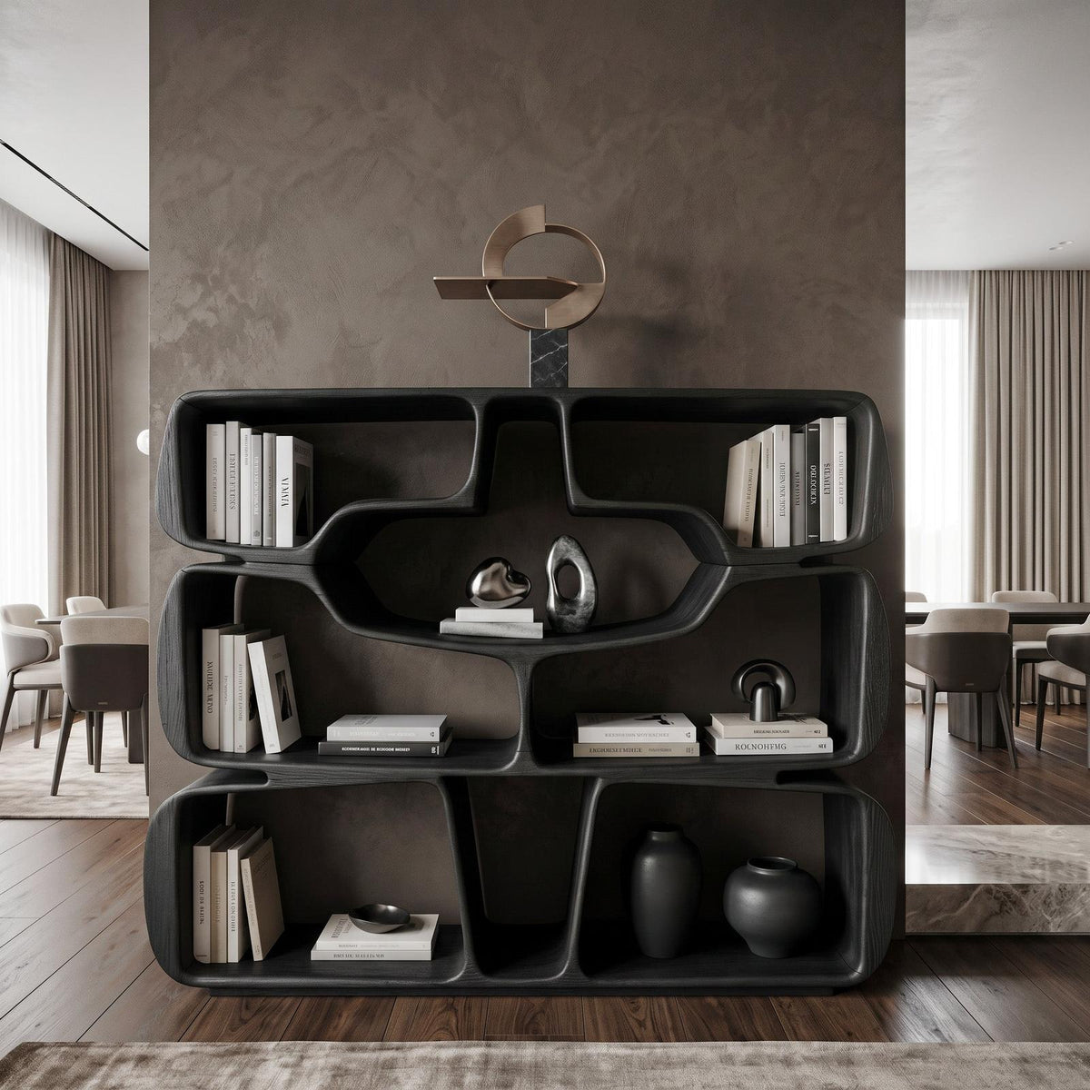 Modern Sculptural Bookshelf with Organic Curves, Handcrafted Solid Wood Standing Bookcase for Living Room & Office