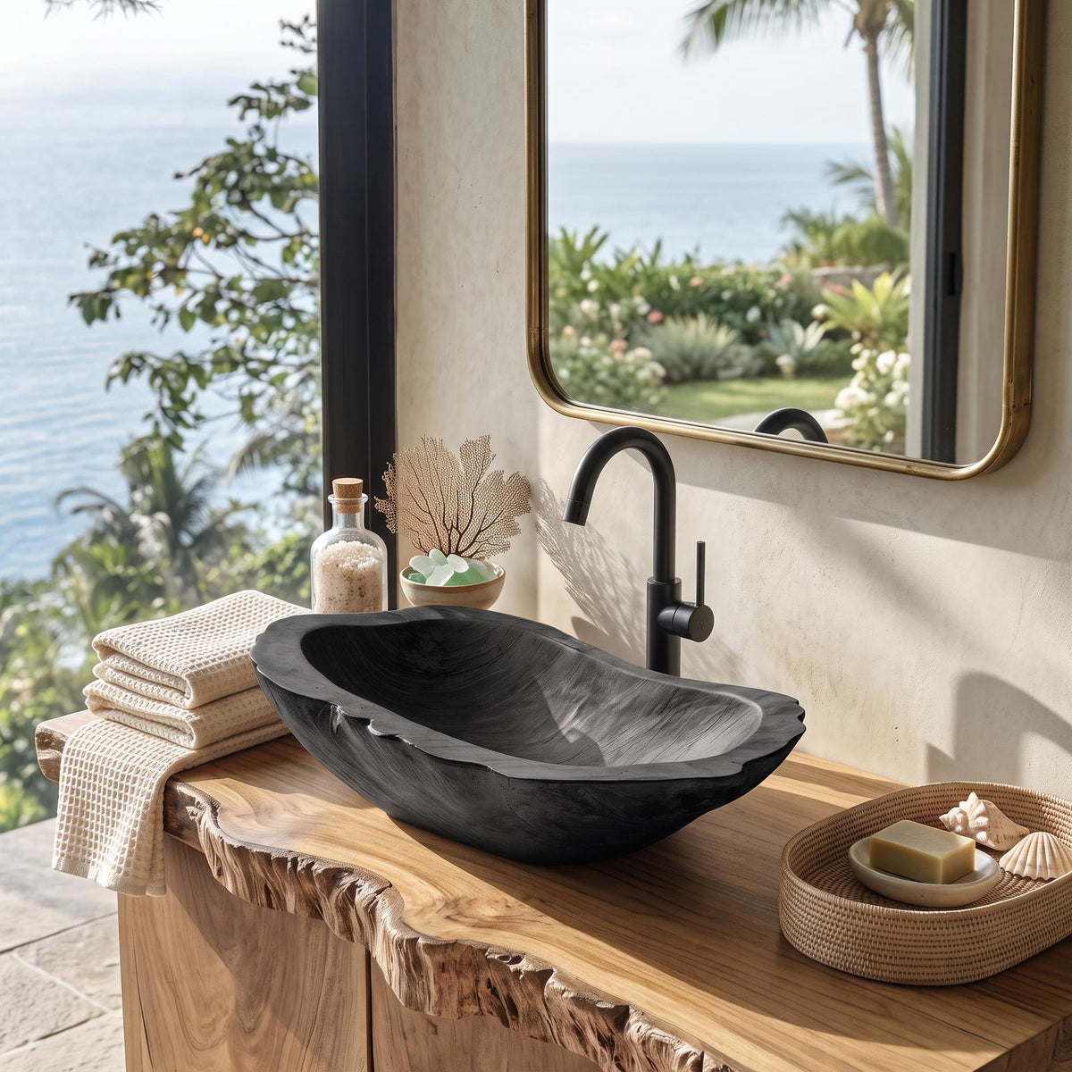 Handcrafted Wooden Vessel Sink, Rustic Natural Solid Wood Bath Bowl Wash Basin for Luxury Bathroom Vanity Countertop