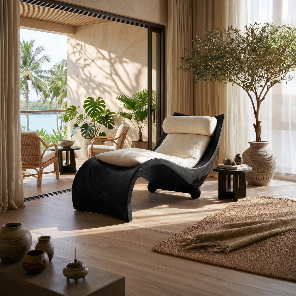 Curved Solid Walnut Chaise Lounge, Luxury Contemporary Daybed Couch for Living Room Decor