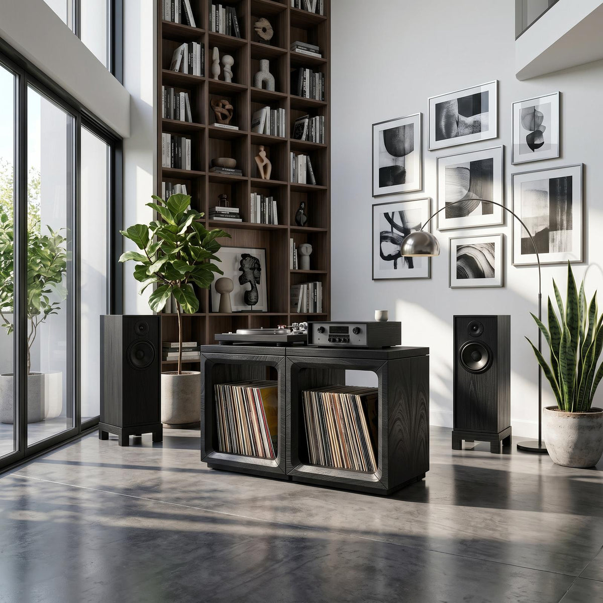 Coastal Minimalist Wood Record Storage Cabinet, Handcrafted Beach House Style Turntable Stand & LP Shelf, Model