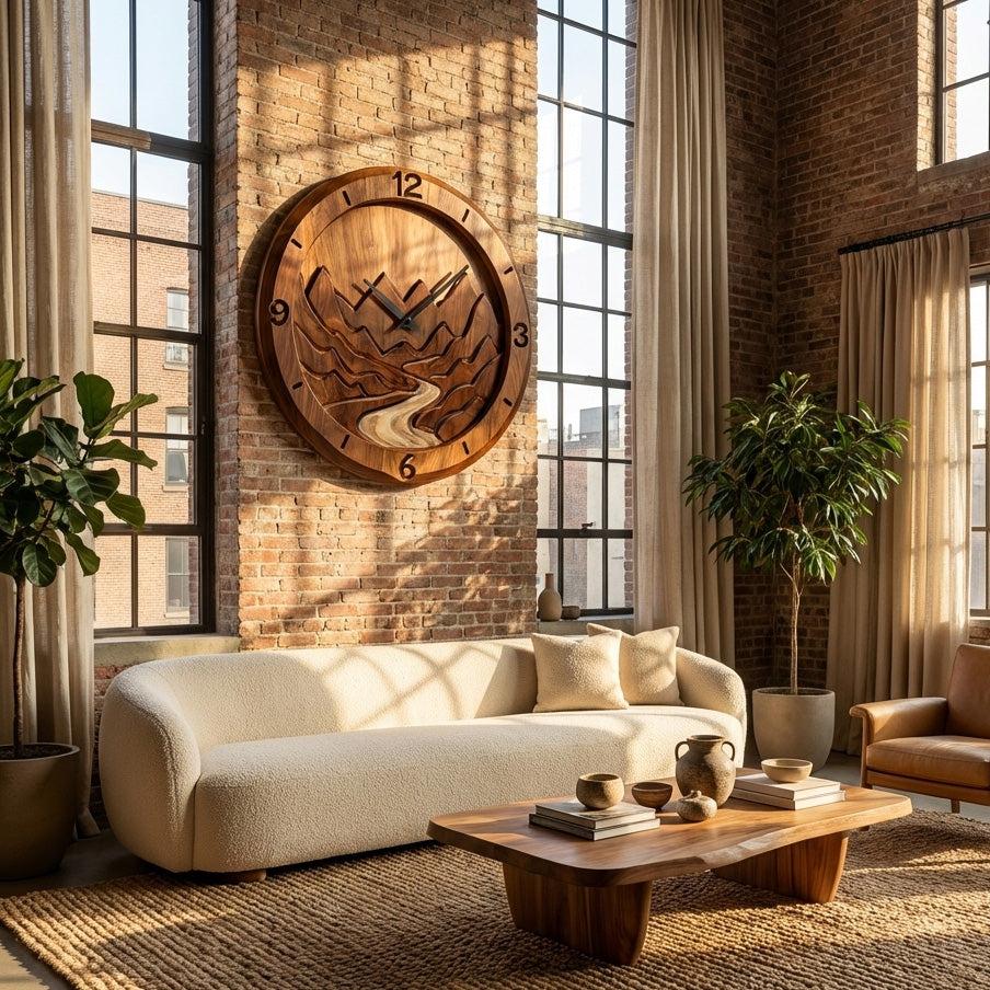 Rustic Wood Wall Clock, Mountain Landscape 3D Hand-Carved Nature Scene Wooden Clock for Living Room Wall Decor