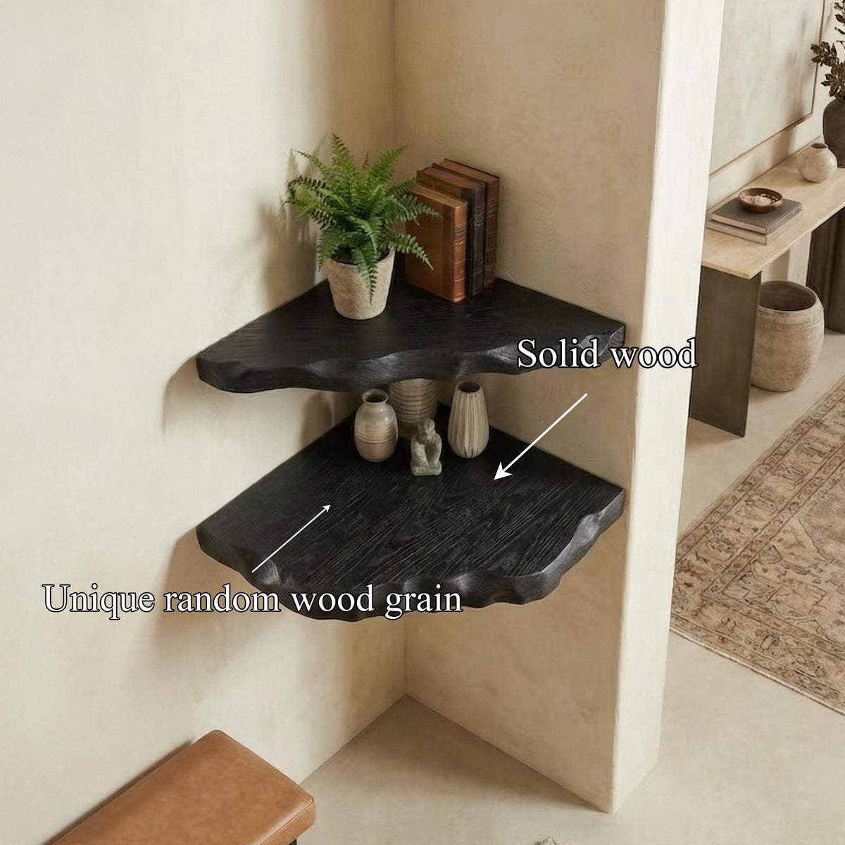 Organic Rustic Corner Shelf, Solid Wood Wall-Mounted Display Rack for Entryway & Hallway