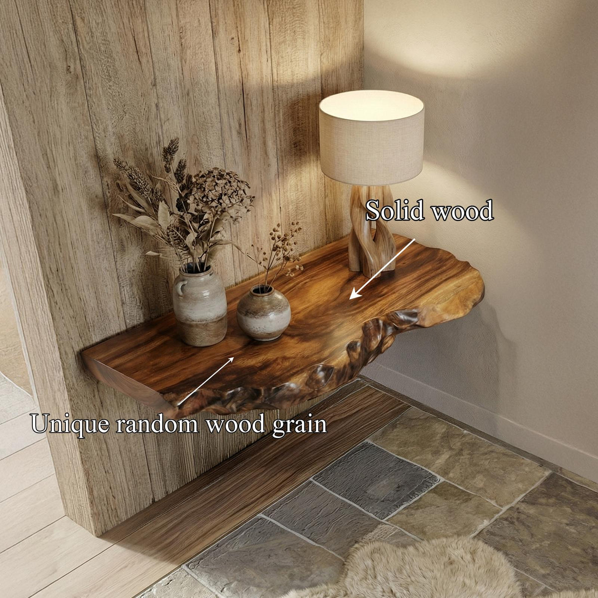 Rustic Floating Shelf, Solid Wood Wall Mounted Display Ledge for Living Room, Bedroom & Kitchen