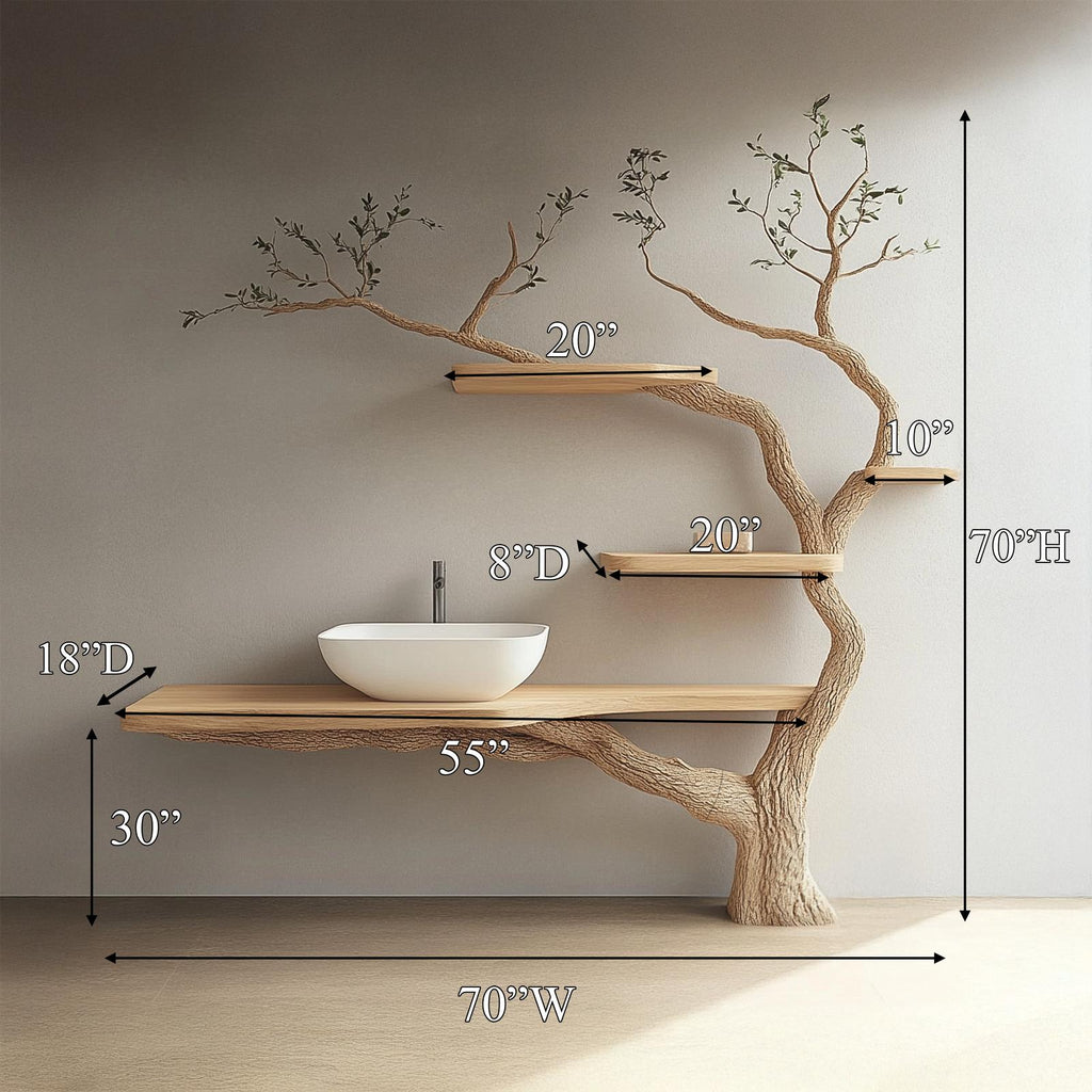 Spry Interior Organic Modern Tree Inspired Vanity Shelf, Handcrafted Solid Wood Floating Shelf Storage for Bathroom Wall Decor, SINLSATBB021