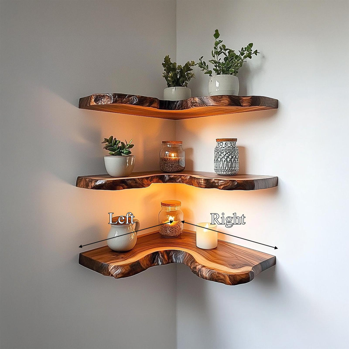 Rustic Live Edge Corner Shelves Solid Wood Living Room Interior Decorative Display