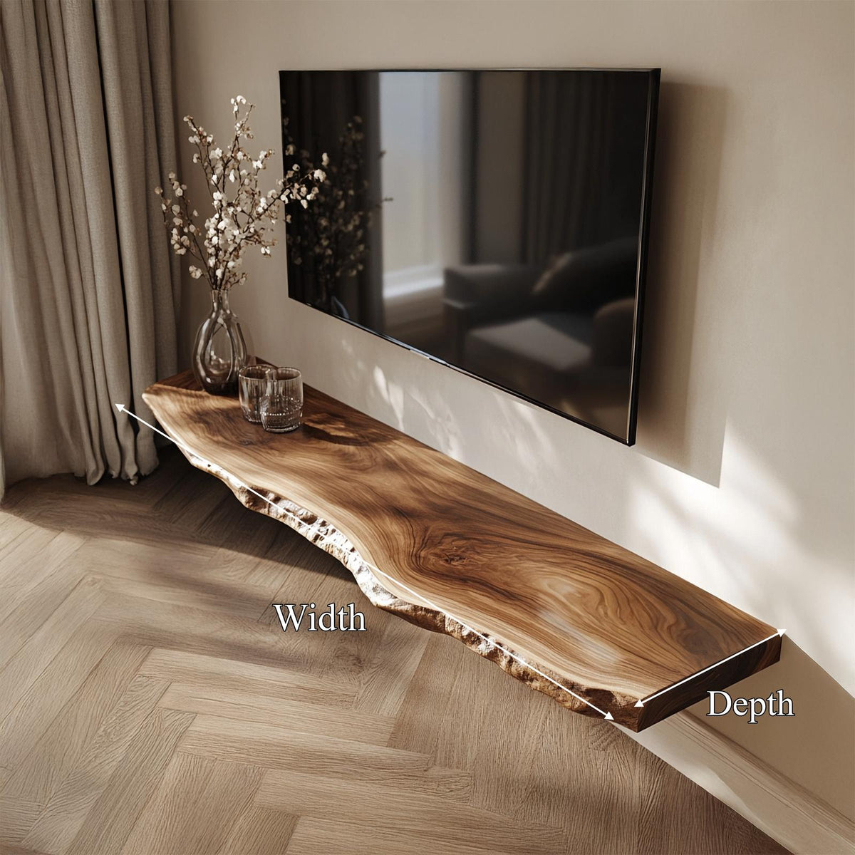 Live Edge Solid Wood Floating TV Console Organic Modern Living Room Interior
