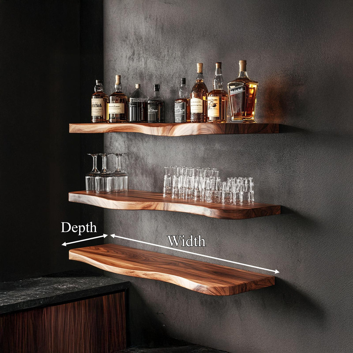 Nature Inspired Live Edge Bar Shelf Solid Wood Home Bar Interior Statement Decor