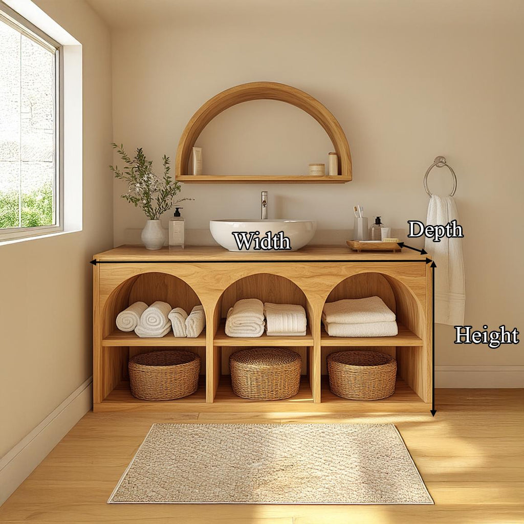 Scandinavian Wooden Bathroom Storage Cabinet with Arched Open Shelves, Natural Wood Linen Organizer for Modern Home