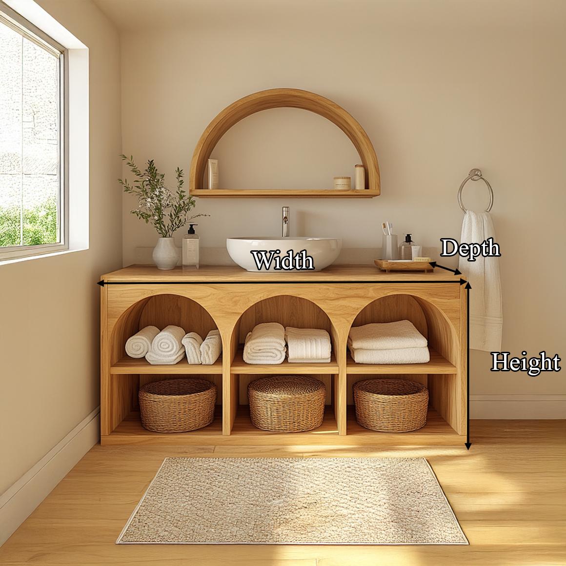 Spry Interior Scandinavian Wooden Bathroom Storage Cabinet with Arched Open Shelves, Natural Wood Linen Organizer for Modern Home, SINLSABRV208