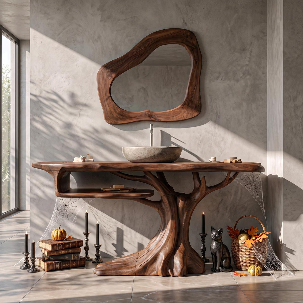 Rustic Halloween Wooden Bathroom Vanity With Branch Inspired Frame For Bathroom