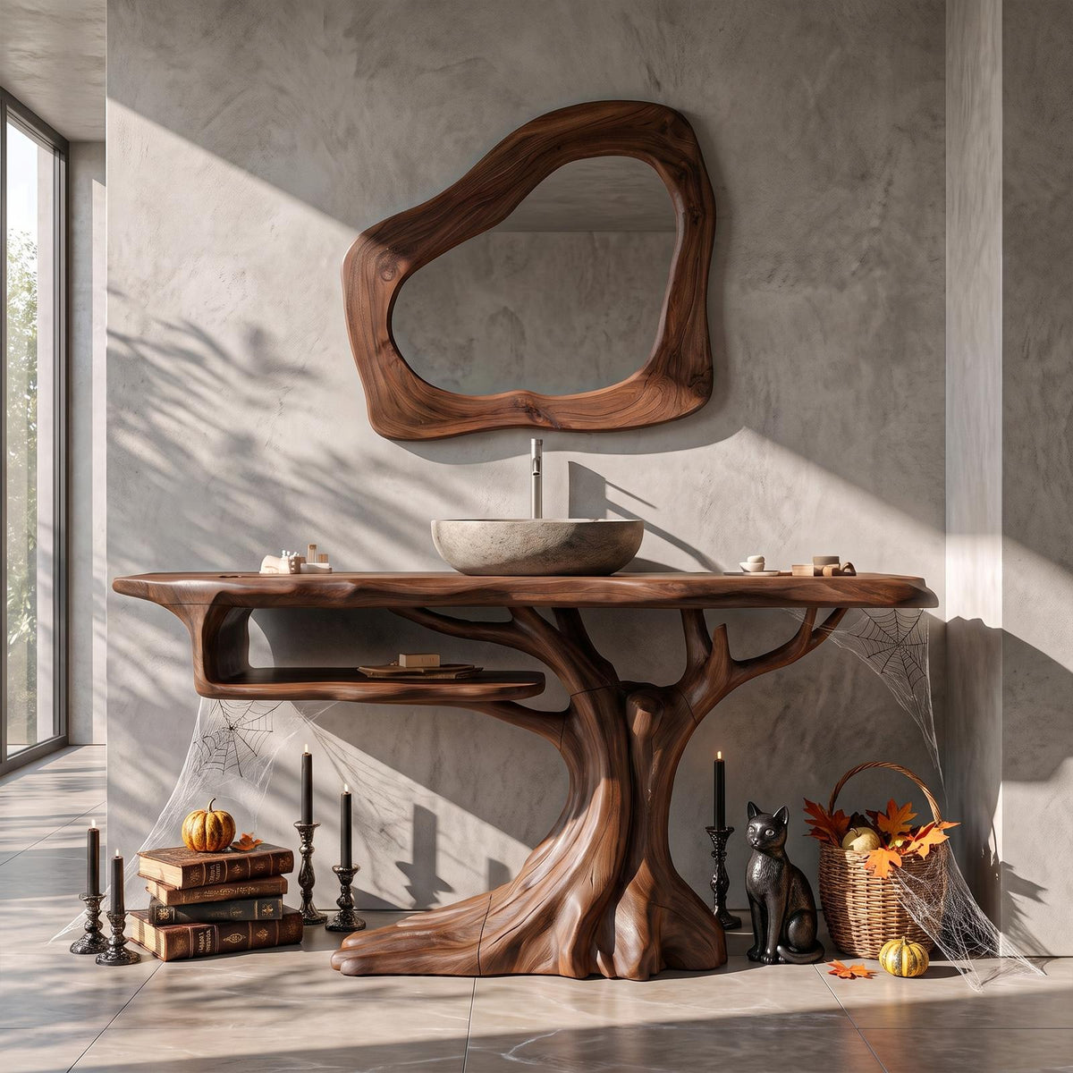 Rustic Halloween Wooden Bathroom Vanity With Branch Inspired Frame For Bathroom