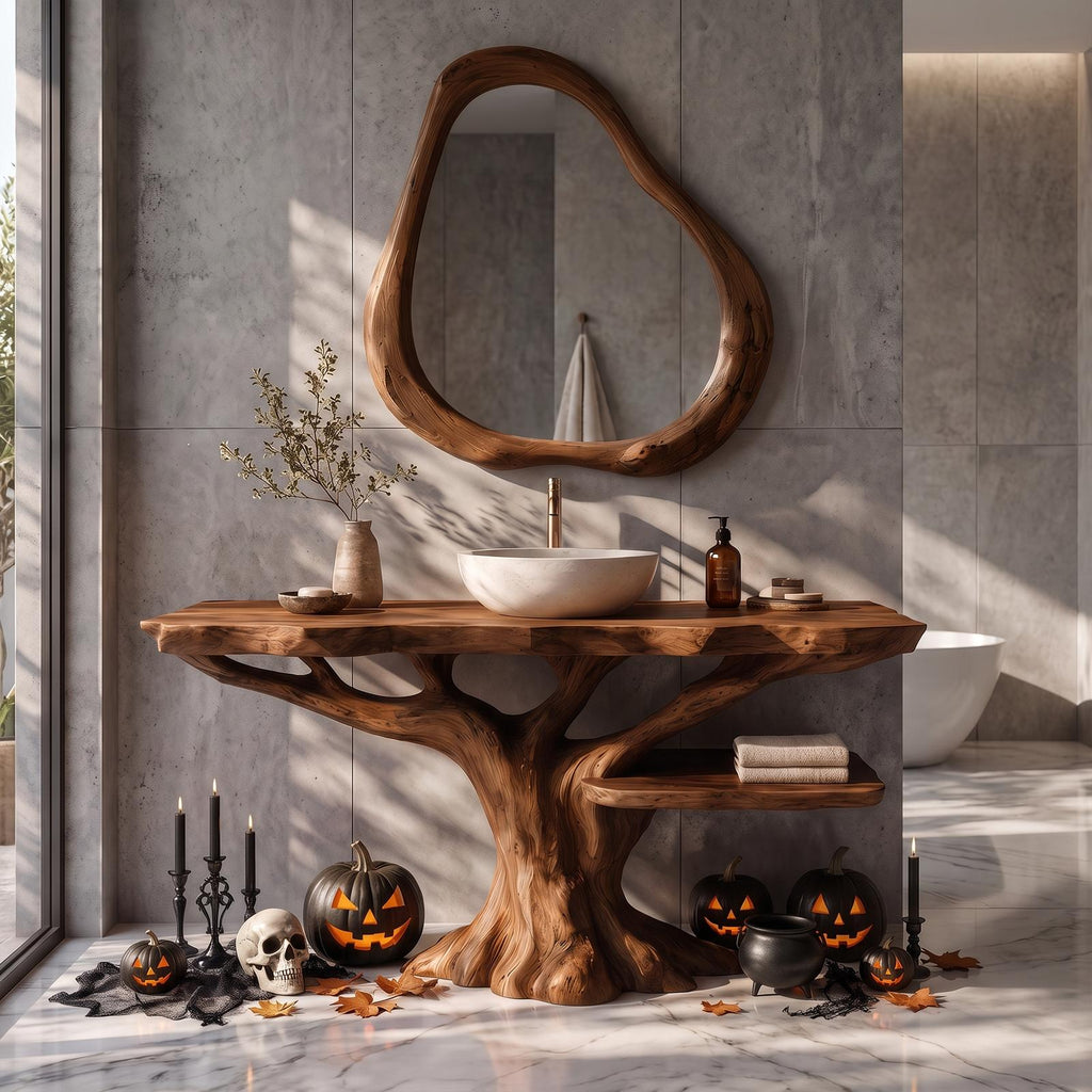 Gothic Halloween Bathroom Vanity With Lower Display Shelf For Bathroom