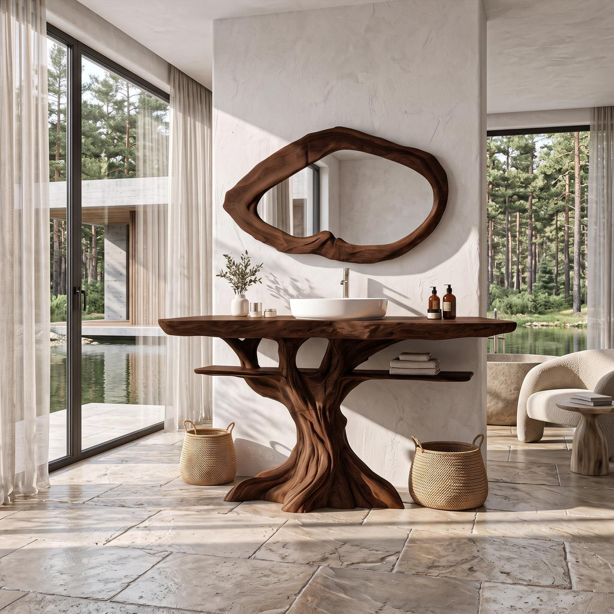 Contemporary Wooden Bathroom Vanity With Tree Inspired Frame For Bathroom