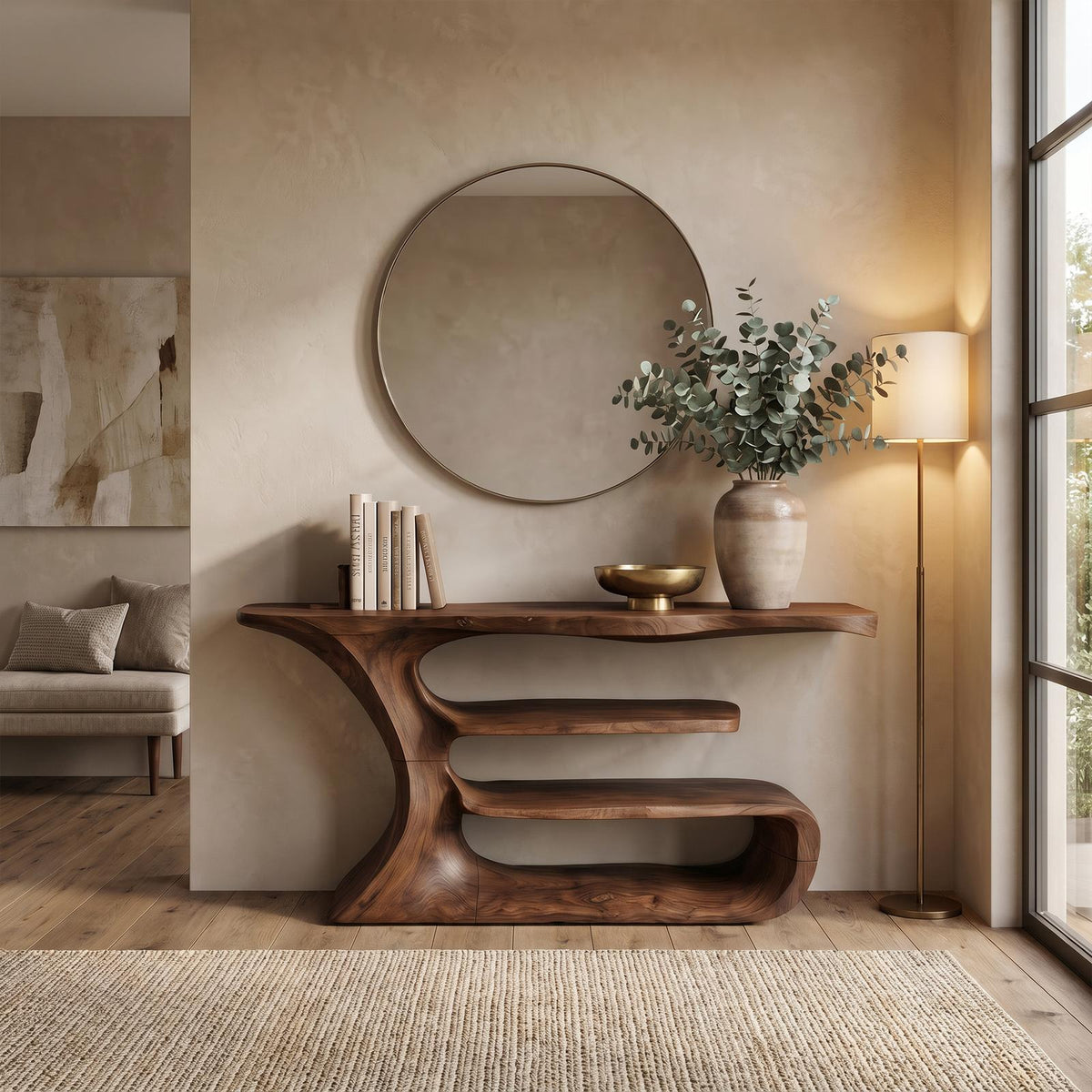Sculptural Console Table, Solid Wood Artistic Accent Sofa Table for Elegant Living Room & Foyer