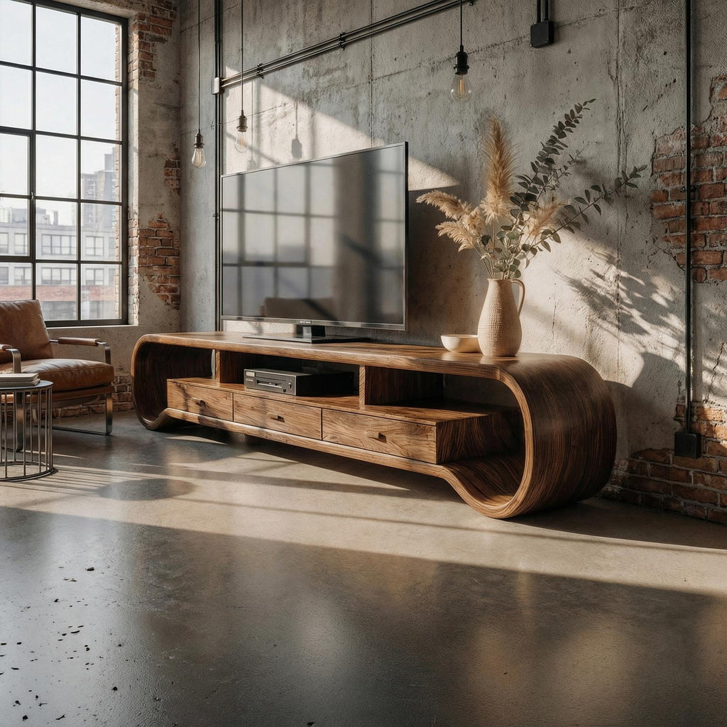 Rustic Curved TV Cabinet, Solid Wood Media Console Entertainment Center for Living Room Storage