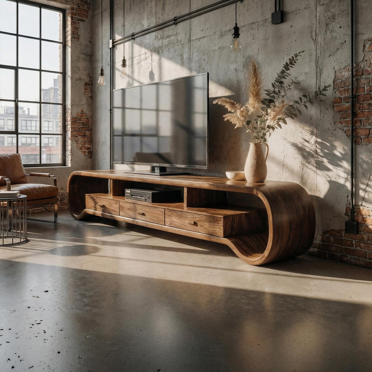 Rustic Curved TV Cabinet, Solid Wood Media Console Entertainment Center for Living Room Storage