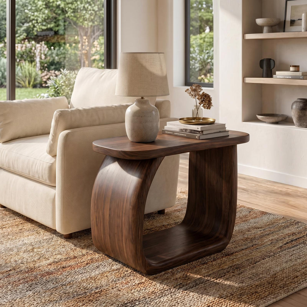 Minimal Wooden Bedside Table with Curved Open Frame, Handcrafted Modern Side Table & Nightstand for Living Room
