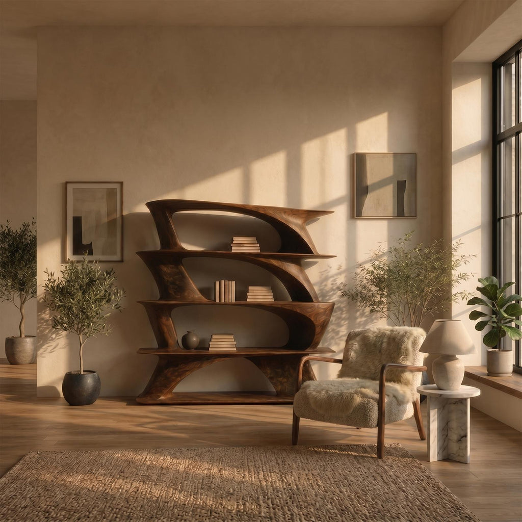 Organic Sculptural Bookshelf with Asymmetrical Open Shelves, Wooden Geometric Bookcase Display, Model