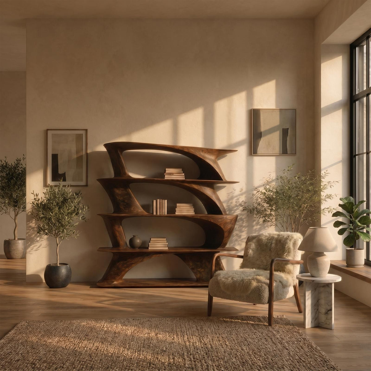Organic Sculptural Bookshelf with Asymmetrical Open Shelves, Wooden Geometric Bookcase Display, Model