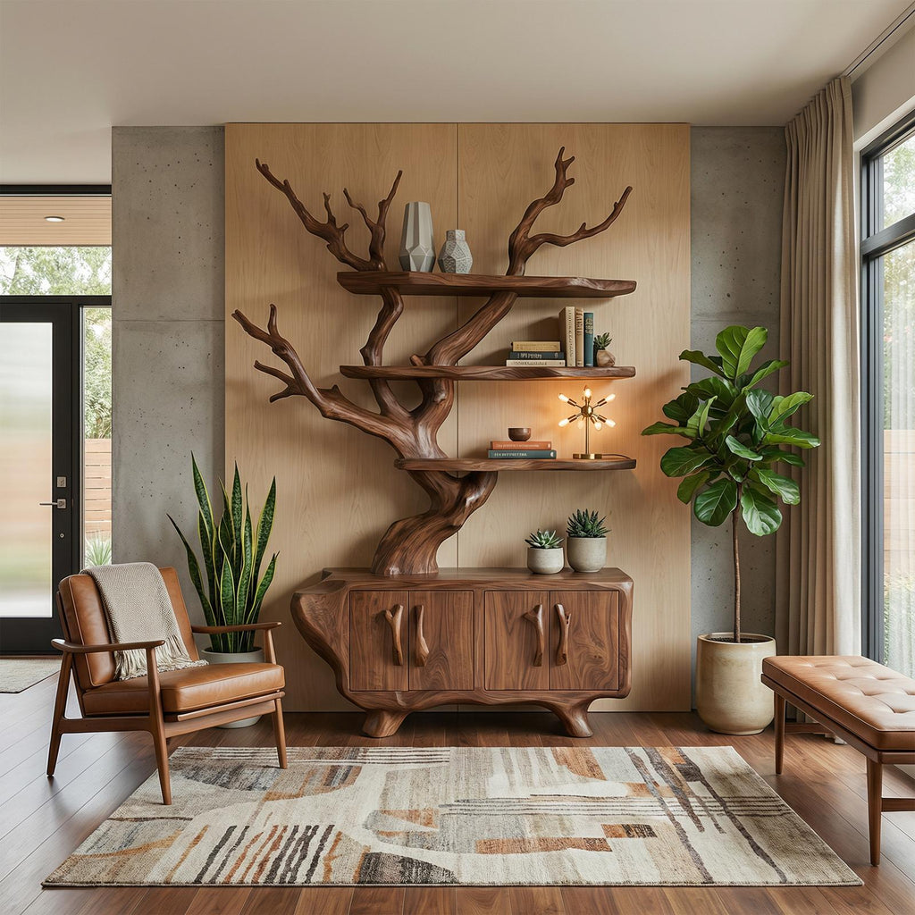 Tree Branch Bookshelf with Storage Cabinet, Solid Wood Artistic Bookcase, Modern Living Room display Unit