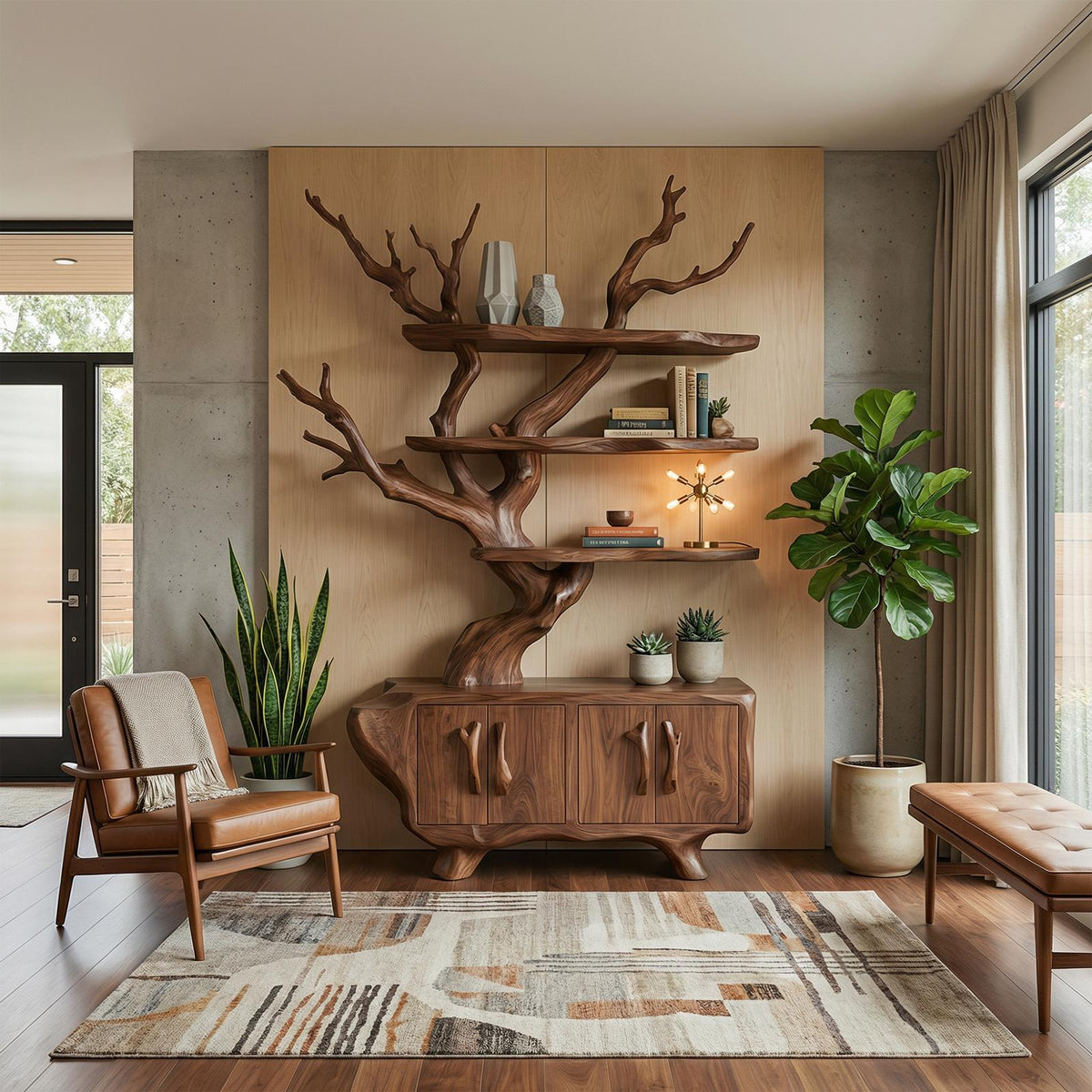 Tree Branch Bookshelf with Storage Cabinet, Solid Wood Artistic Bookcase, Modern Living Room display Unit