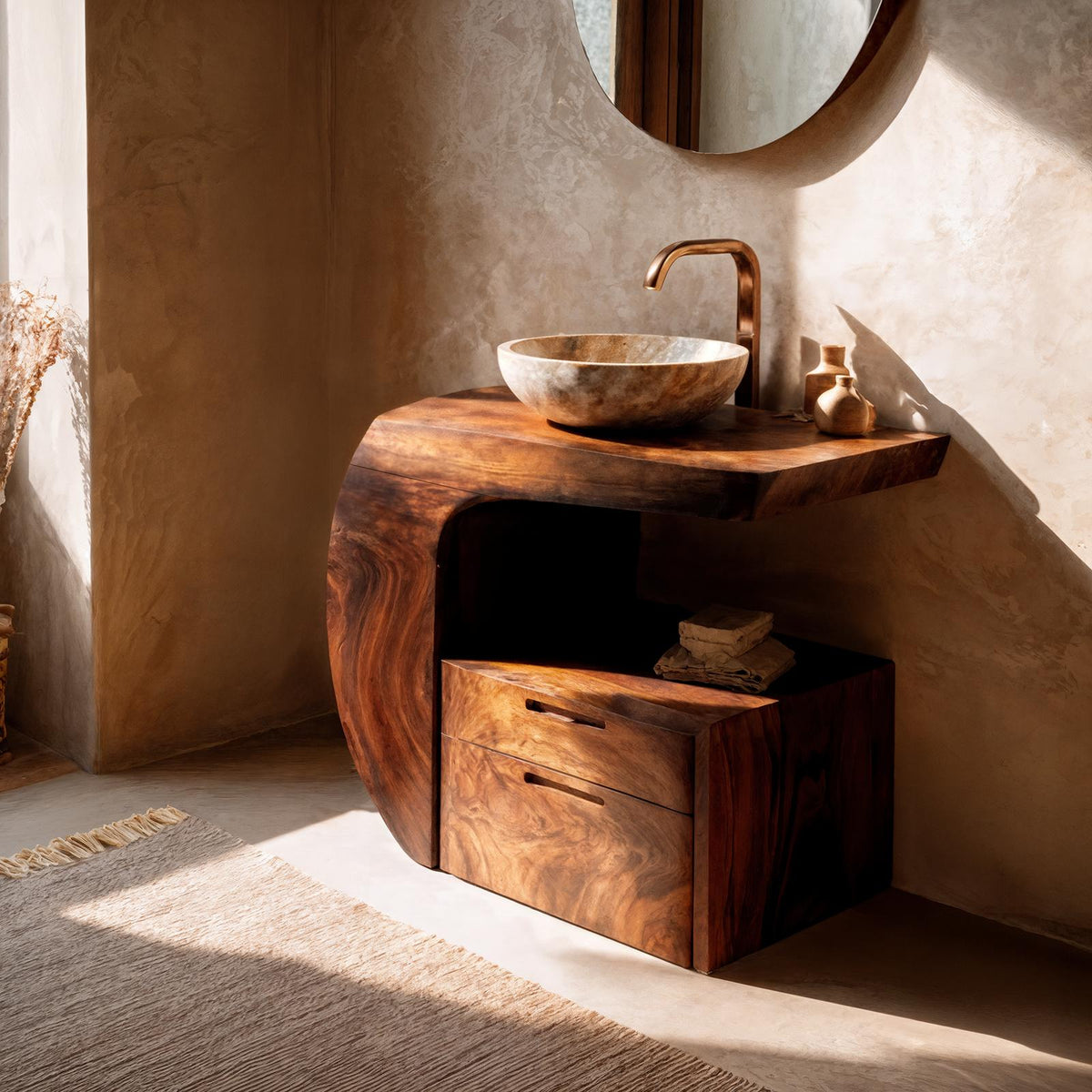 Spry Interior Modern Organic Wooden Bathroom Vanity with Storage Cabinet, Handcrafted Natural Wood Sink Console for Powder Room, SINLKIBRV303