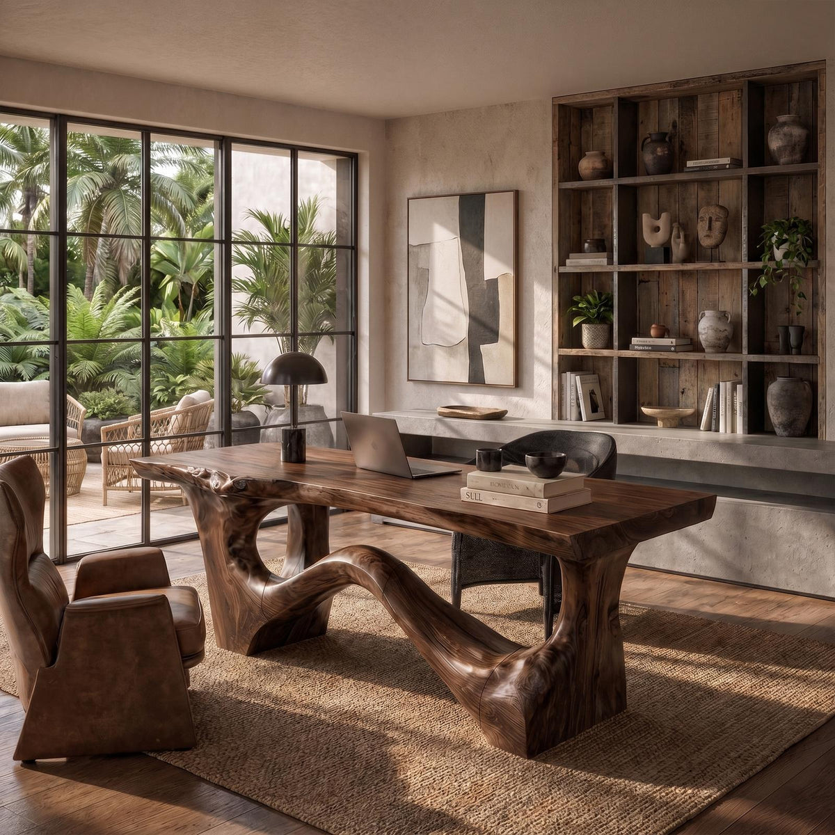 Organic Sculptural Desk, Asymmetrical Solid Wood Base & Writing Desk Top for Office & Study
