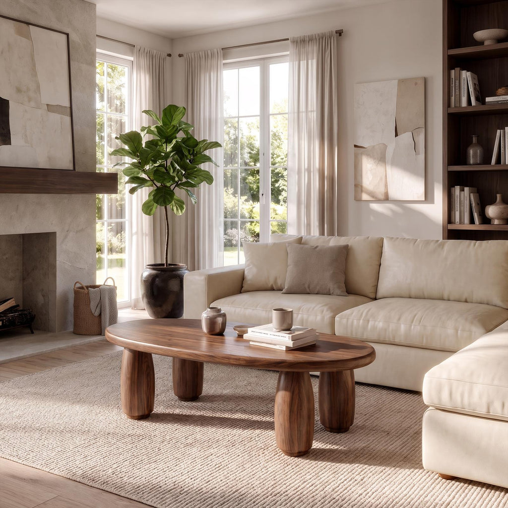 Natural Coffee Table With Organic Rounded Base For Living Room And Family Room SINLKICF421