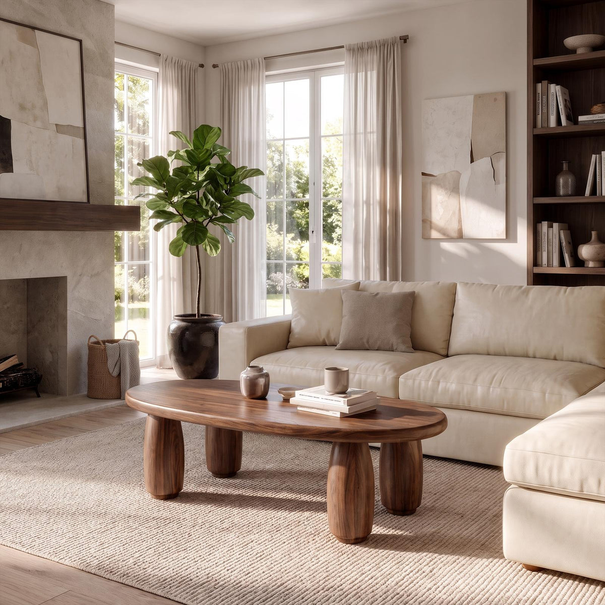 Natural Coffee Table With Organic Rounded Base For Living Room And Family Room SINLKICF421