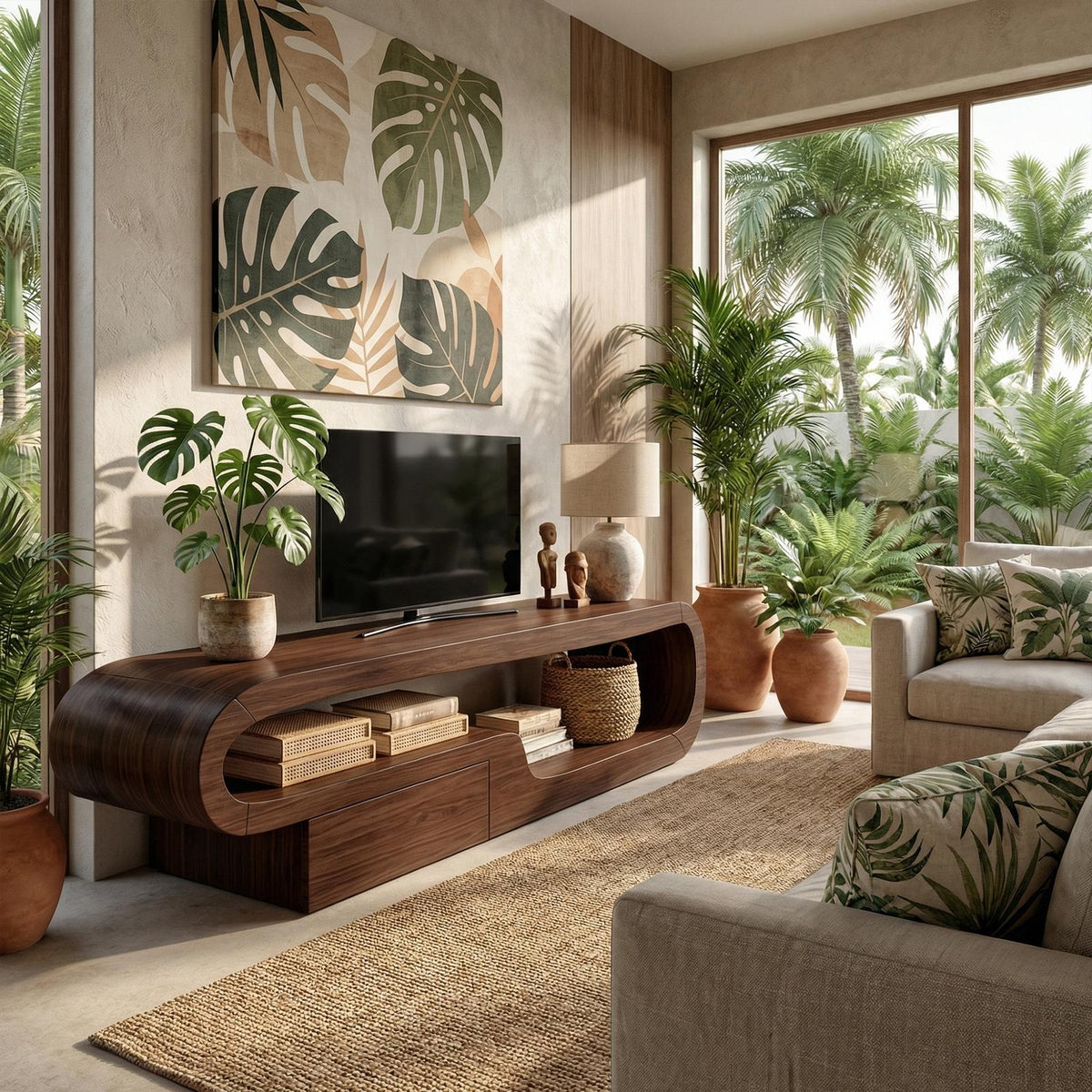 Scandinavian TV Cabinet, Solid Wood Low Profile Media Console Table, Modern Living Room TV Stand Unit
