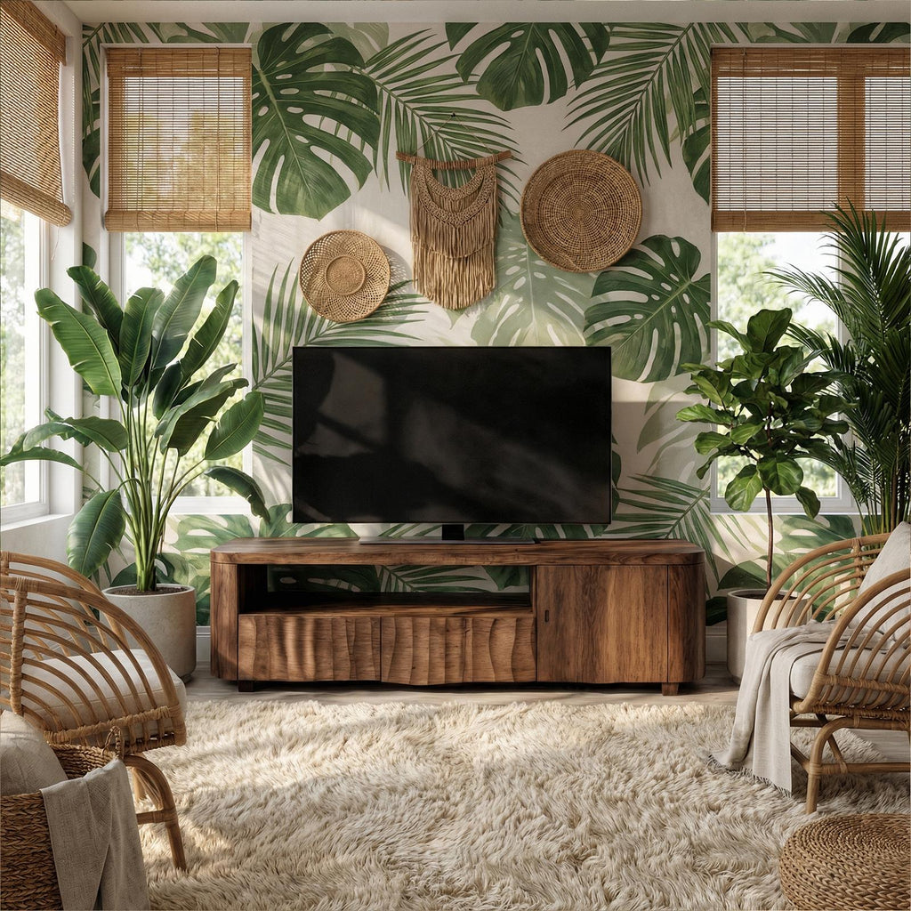 Modern TV Cabinet, Solid Wood Media Console with Storage Drawer & Shelves for Living Room