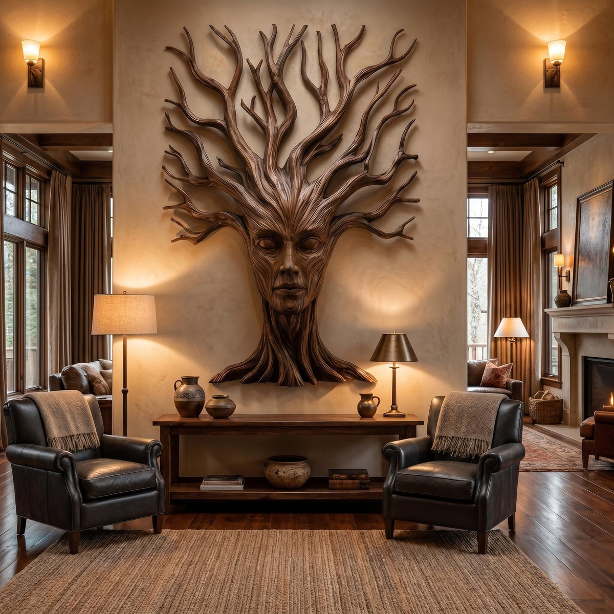 Mystical Tree Spirit Wooden Wall Art, Hand-Carved Sculptural Face Design Decor for Entryway & Living Room