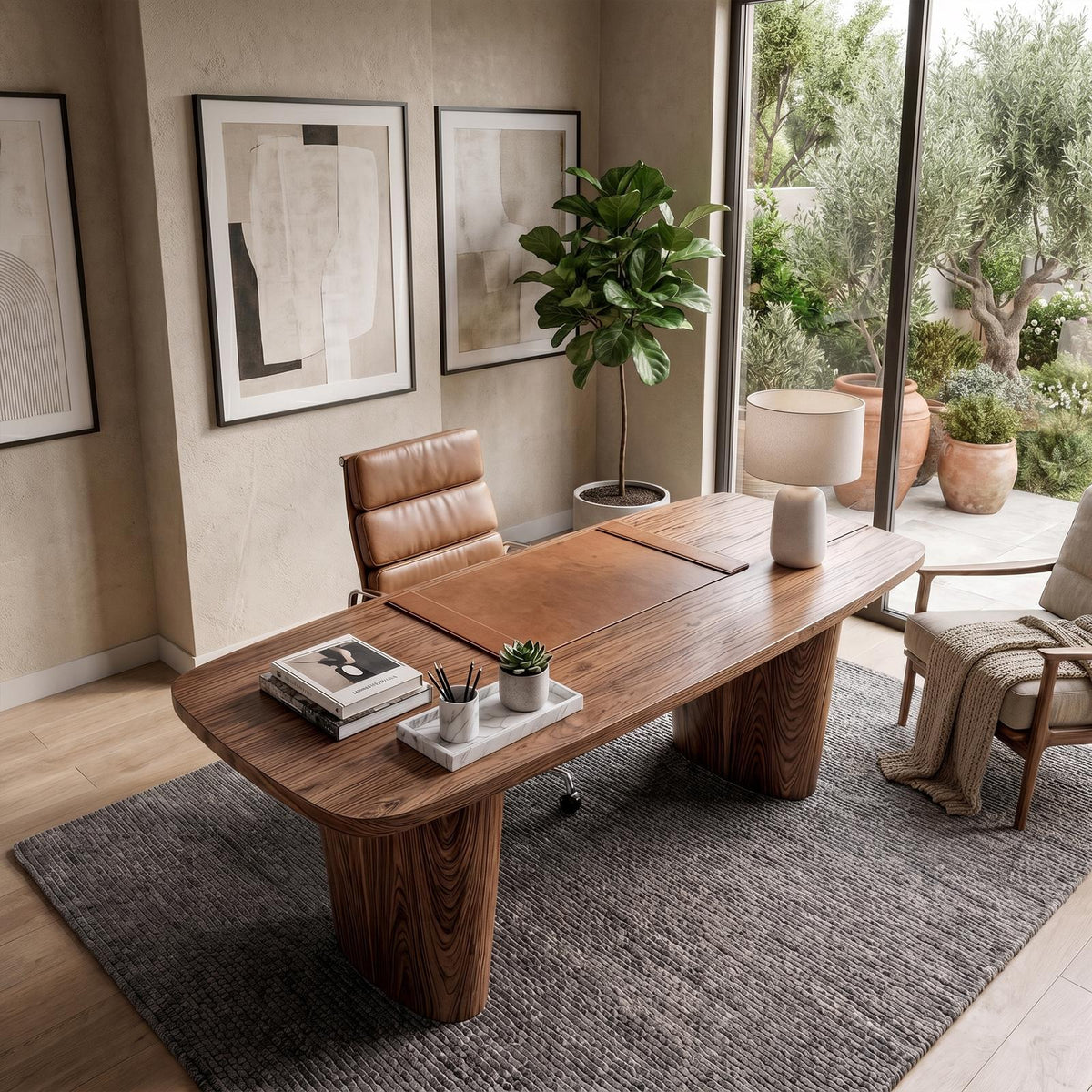 Modern Executive Wooden Desk, Sculptural Solid Wood Base Writing Desk for Home Office & Workspace