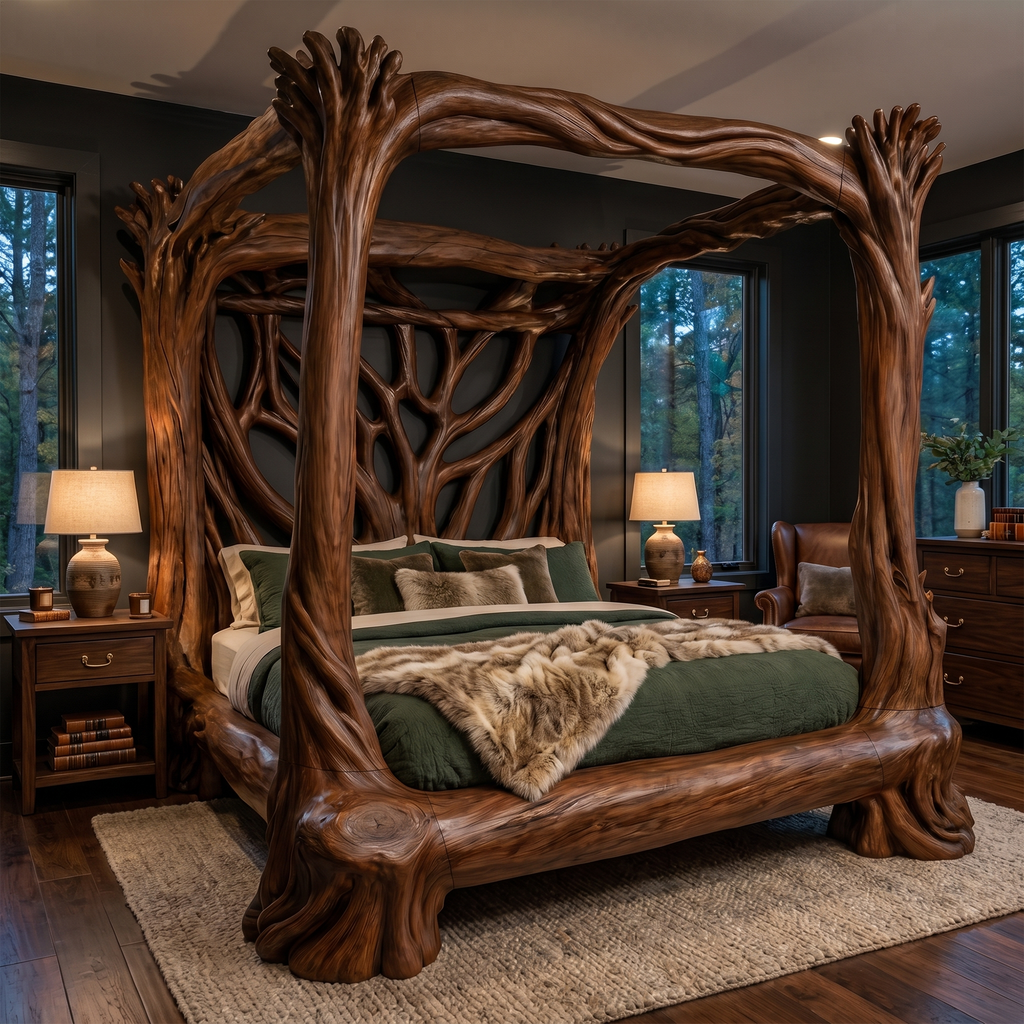 Organic Sculptural Canopy Bed, Handcrafted Tree Branch Solid Wood Queen King Bed Frame for Luxury Bedroom