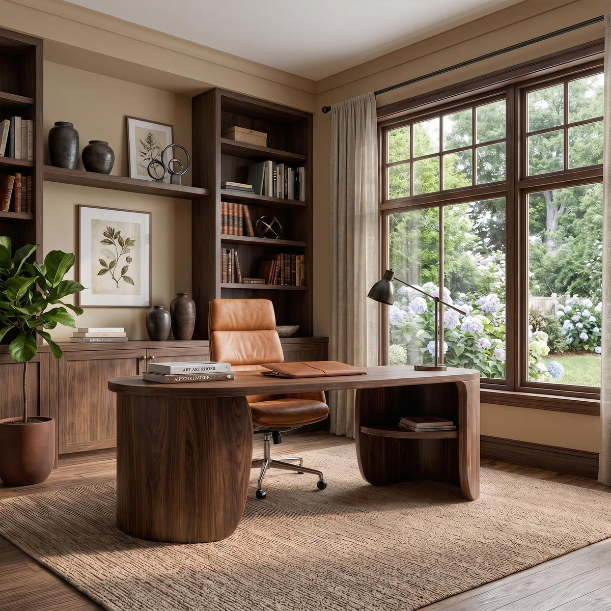 Minimalist Solid Wood Desk, Clean Lines Writing Desk with Built-In Storage Drawers for Home Office