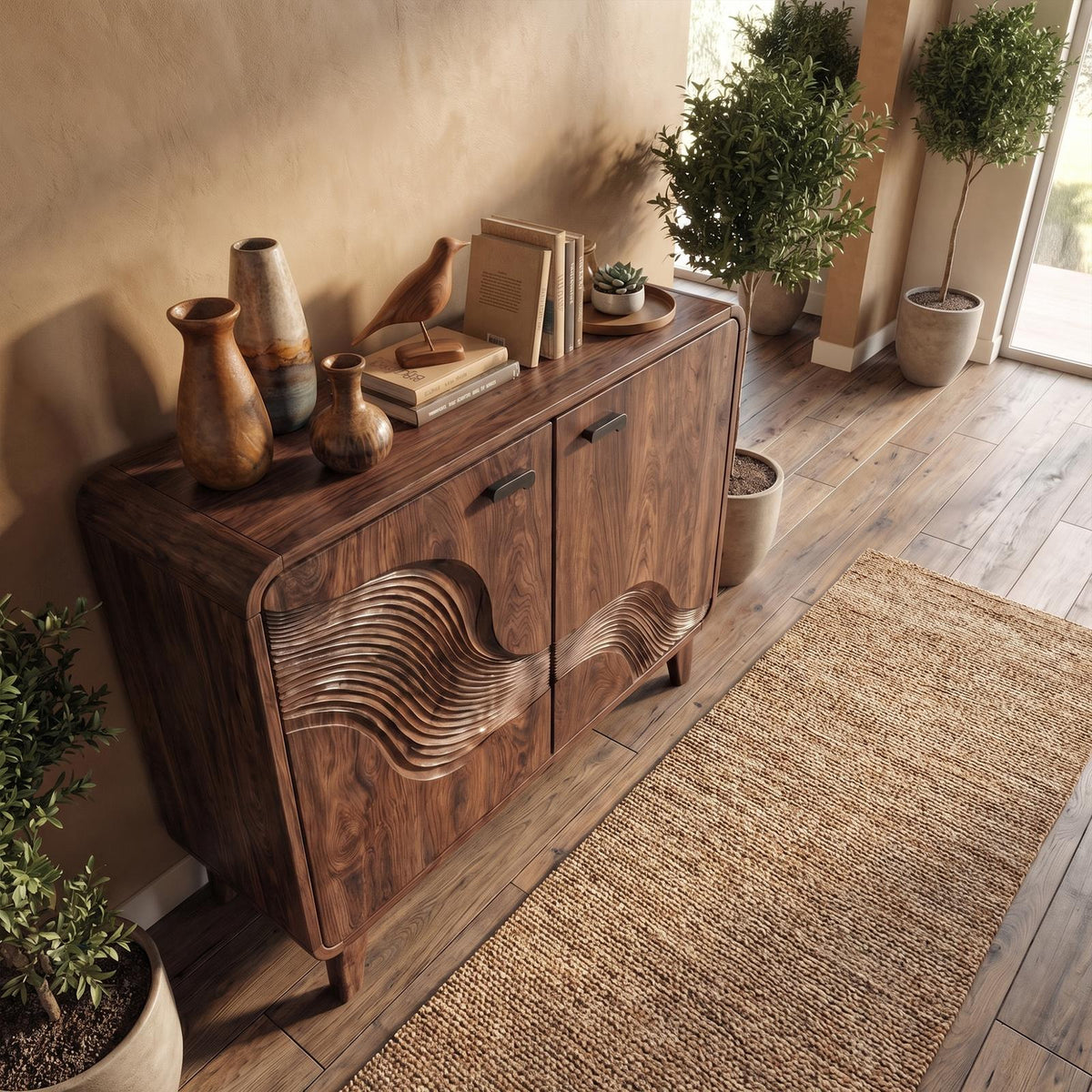 Mid-Century Sculptural Storage Cabinet, Solid Wood Sideboard Buffet Credenza for Living Room, Dining Room