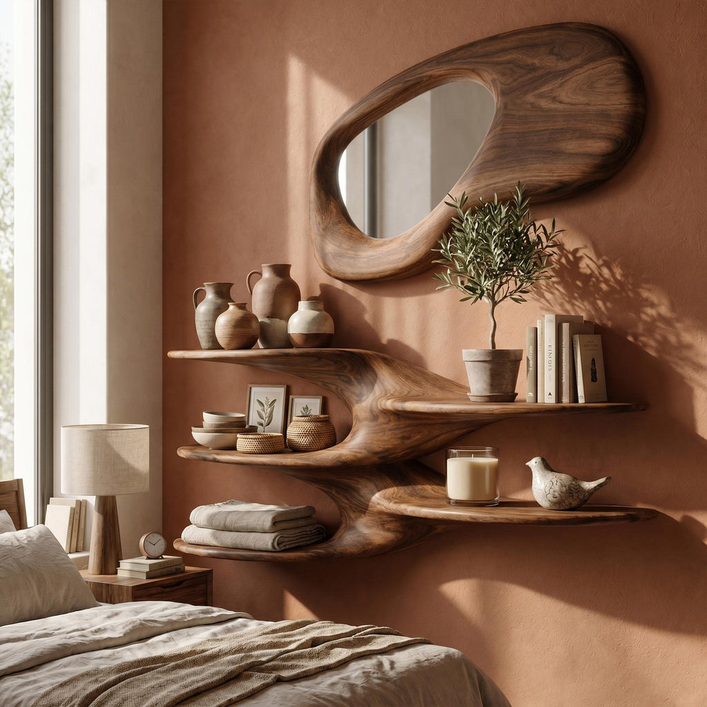 Sculptural Floating Wall Shelf, Handcrafted Solid Wood Wave Display Ledge for Bedroom & Living Room