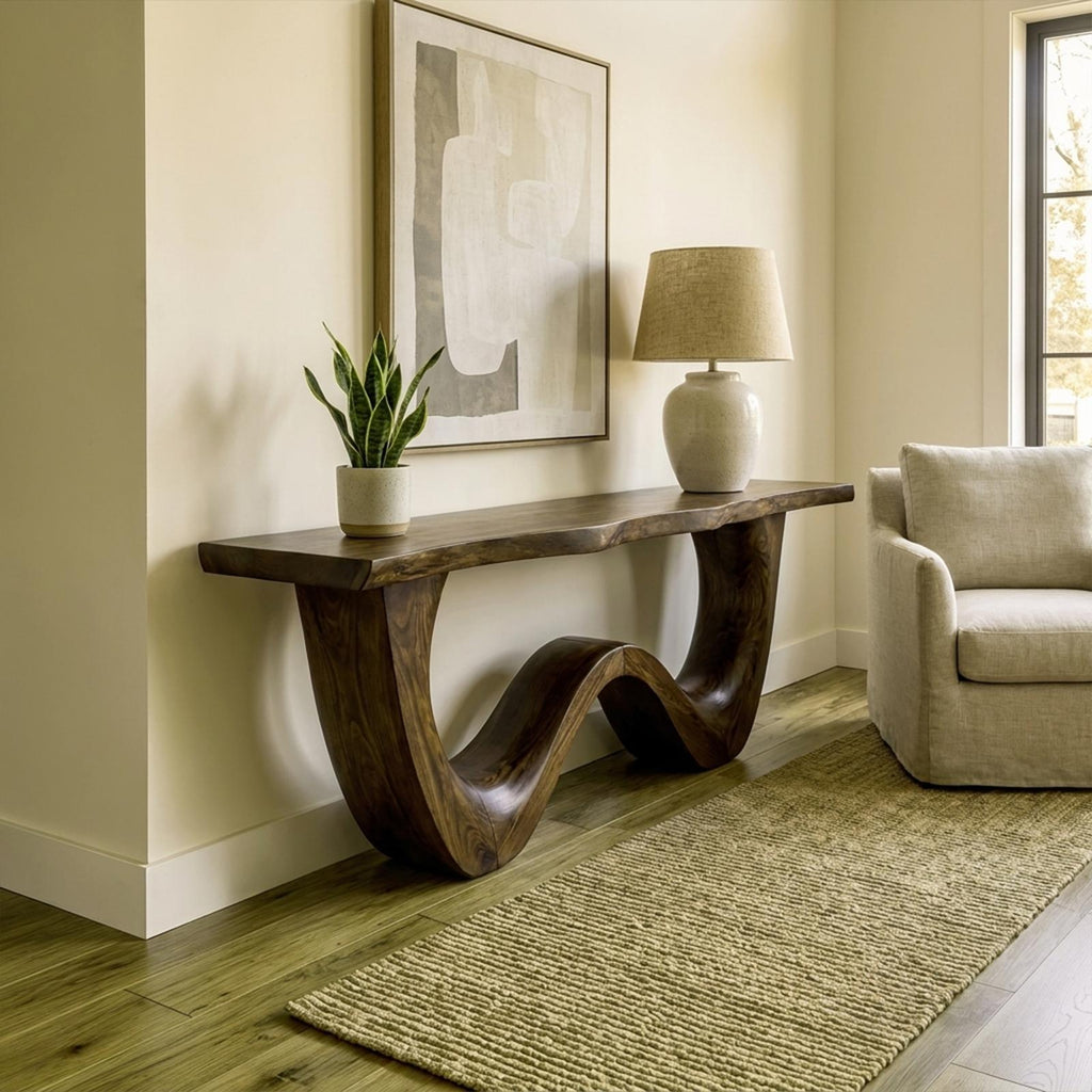 Organic Wave Base Wood Console Table, Sculptural Entryway, Hallway & Sofa Back Table