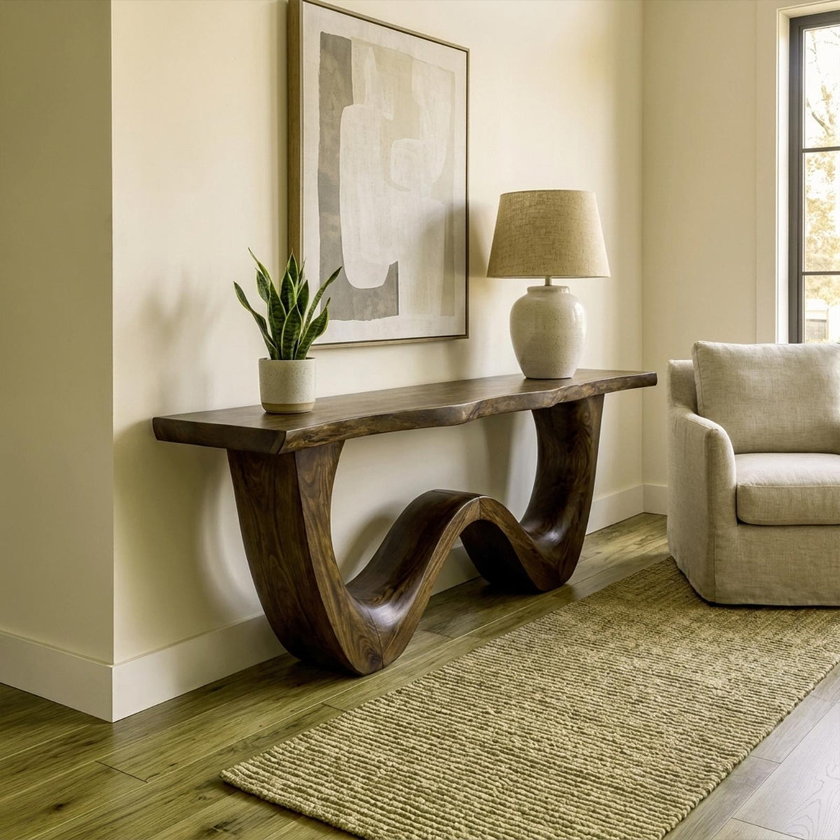 Organic Wave Base Wood Console Table, Sculptural Entryway, Hallway & Sofa Back Table