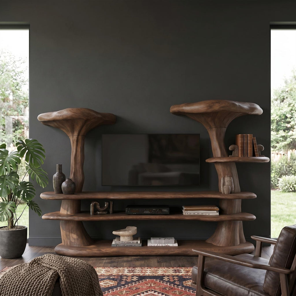 Organic Mushroom TV Stand, Sculptural Solid Wood Entertainment Center, TV Console Media Cabinet for Living Room