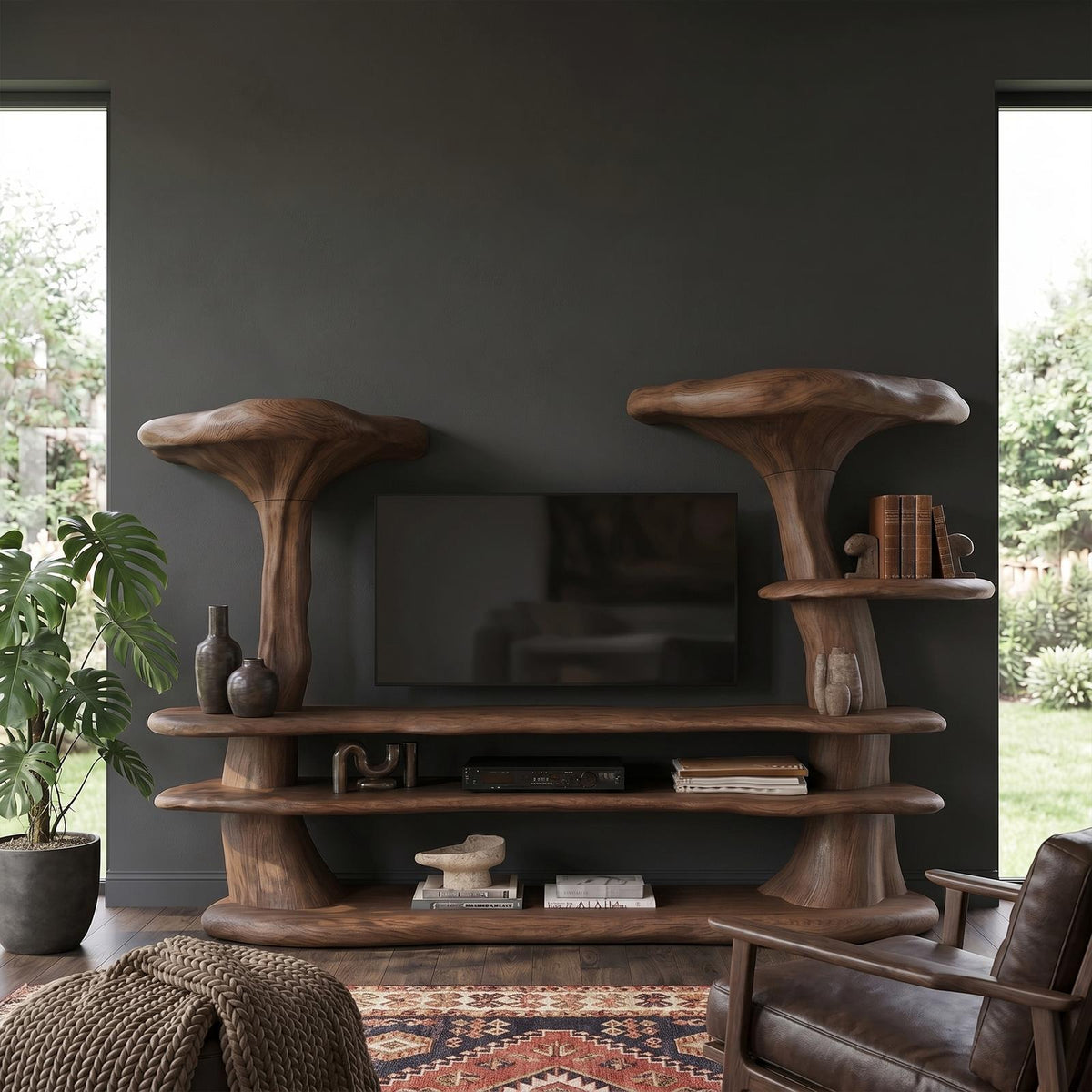 Organic Mushroom TV Stand, Sculptural Solid Wood Entertainment Center, TV Console Media Cabinet for Living Room