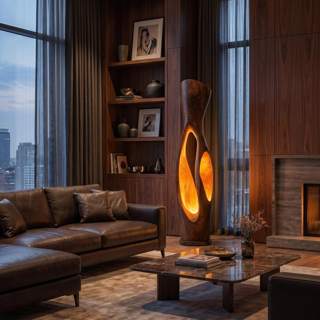 Modern Organic Wood Floor Lamp, Illuminated Hollow Trunk Design, LED Standing Light for Living Room and Bedroom