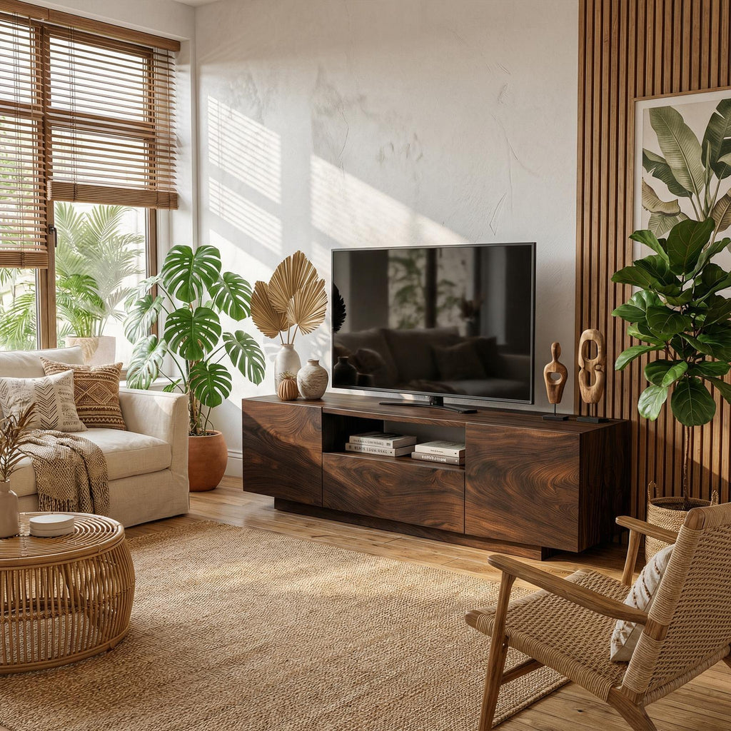 Modern Rustic TV Cabinet, Solid Wood Low Profile Block TV Stand, Living Room Media Console Unit