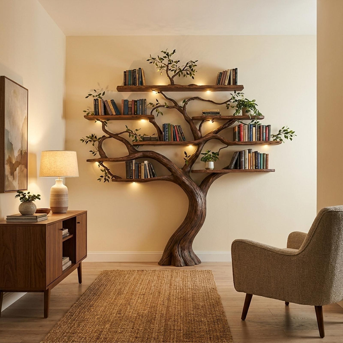 Organic Modern Large Tree Bookshelf, Freestanding Solid Wood Branch Bookcase & Storage Unit for Study & Library