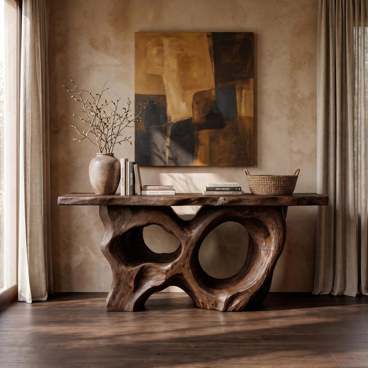 Modern Console Table With Sculptural Asymmetrical Wood Base For Living Room