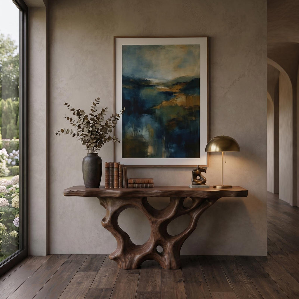 Organic Solid Wood Console Table with Sculptural Natural Wood Base, Unique Entryway Sofa Table for Living Room